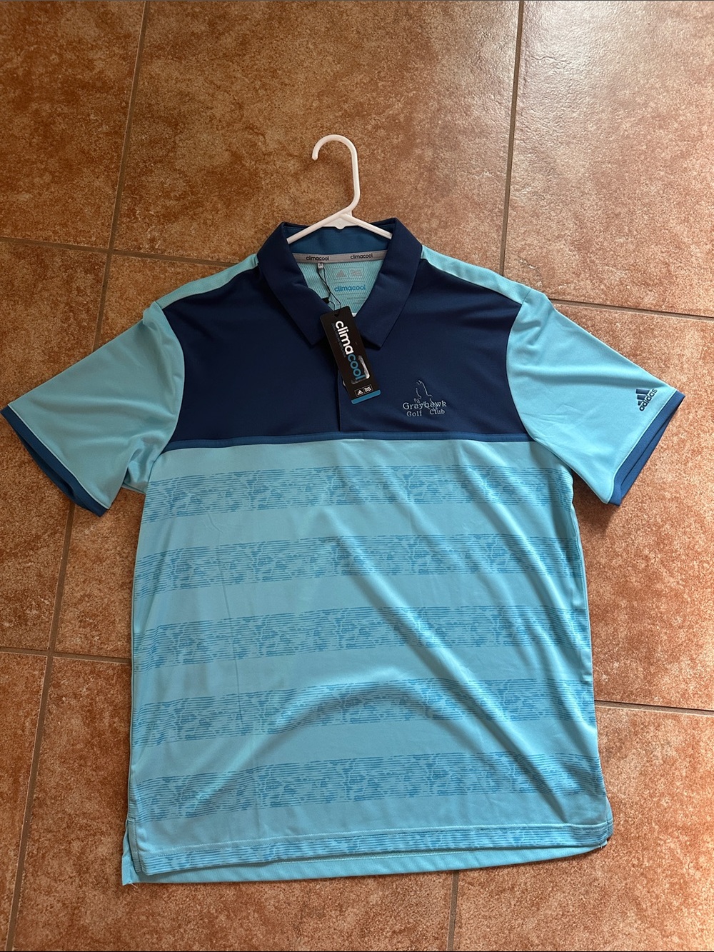 NWT adidas climacool Light Blue & Navy Striped Grayhawk Golf Club Polo